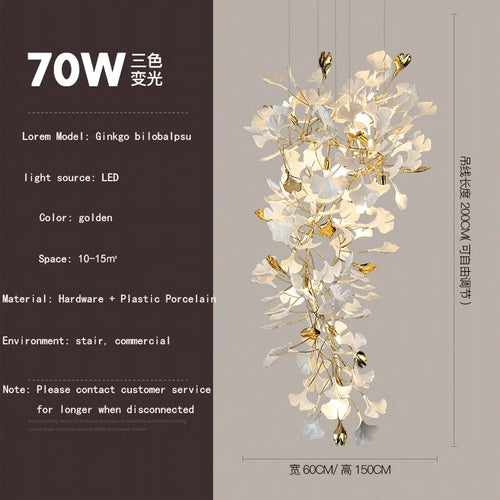 Ginkgo feuille cage d'escalier long lustre lumière atmosphérique villa de luxe duplex bâtiment loft hall d'hôtel lampes d'art créatives - vue 15 sur 20