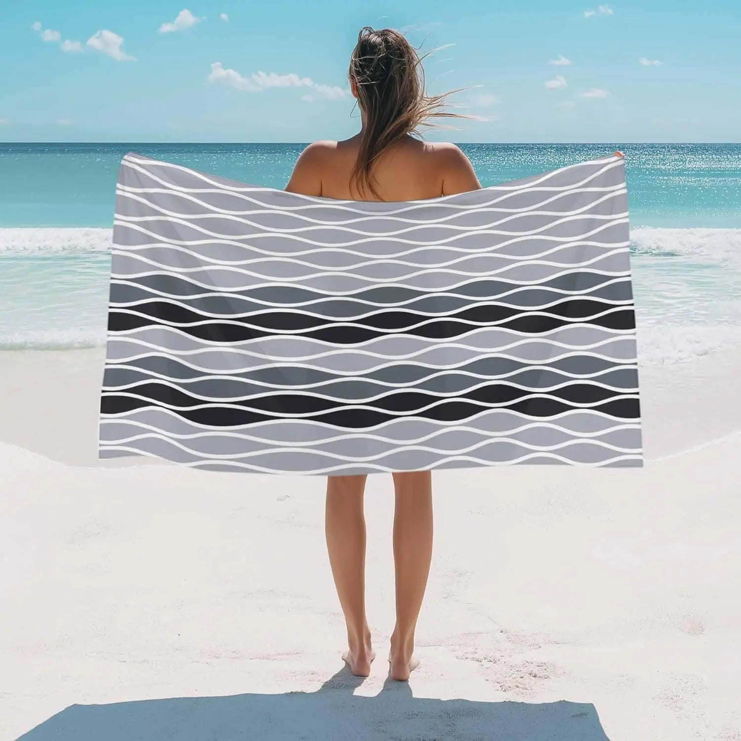 Serviette de plage motif vagues abstraites style marocain - vue 2 sur 6