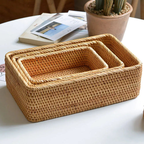 paniers rectangulaires en rotin tissés à la main pour rangement et décoration - vue 4 sur 8