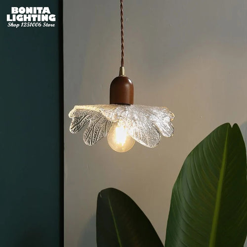 suspension lotus en noyer laiton et verre rétro