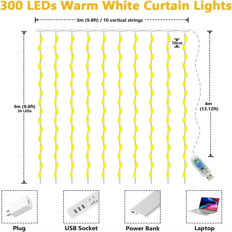 guirlande lumineuse rideau led usb pour décorations festives et célébrations - vue 6 sur 9