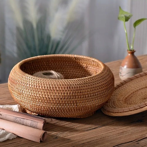 Panier boîtes rondes en rotin avec couvercle pour rangement polyvalent - vue 4 sur 6
