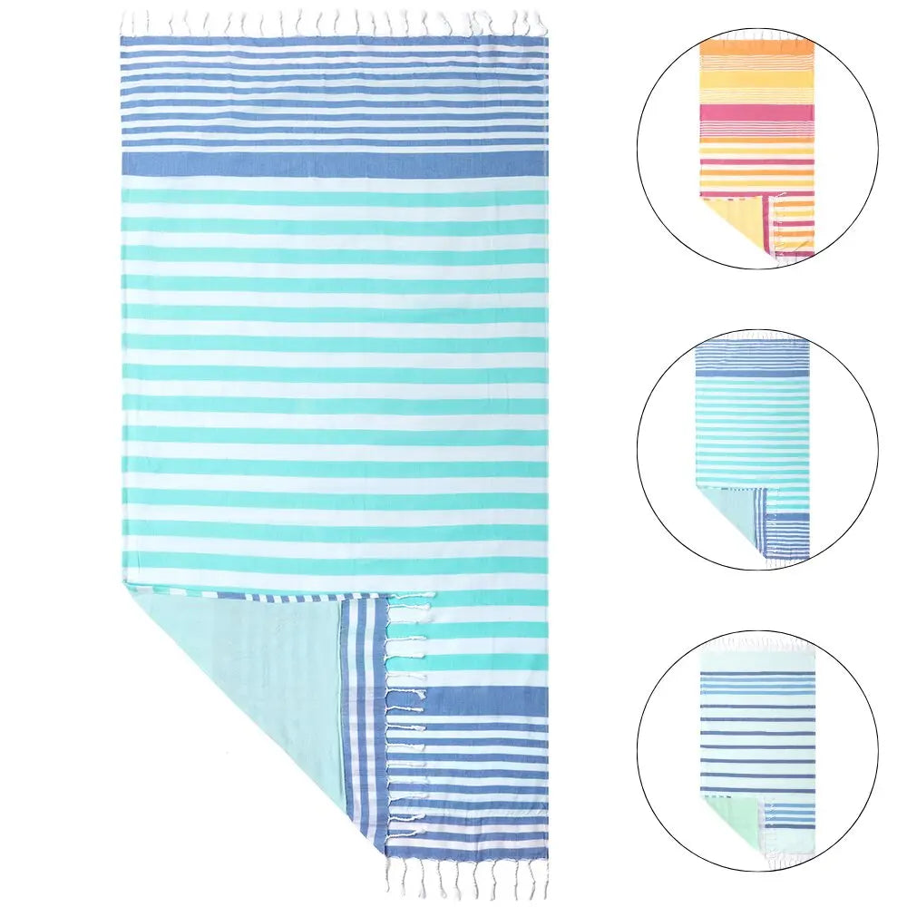 serviette de plage turque coton rayée pompons légère
