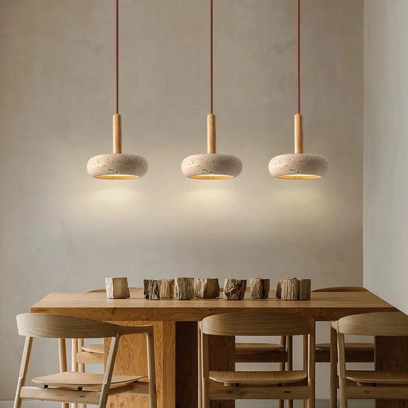 Suspension LED en pierre et bois moderne chevet japonais