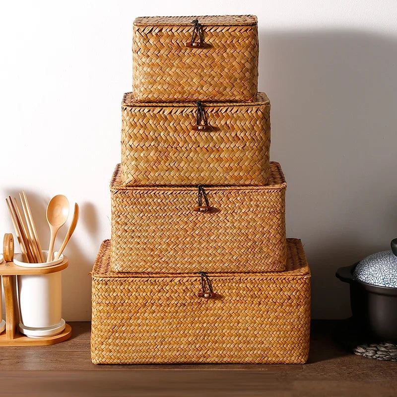 panier de rangement tissé en jonc de mer avec couvercle - vue 10 sur 13