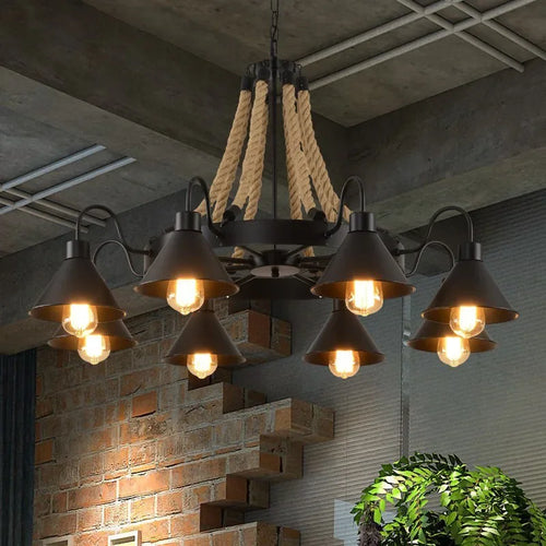 Vintage Hemp Rope Pendant Lamps Iron Lampshade Retro Coffee House Bar Indoor Lightings E27 Industrial Style Chain Pendant Light - vue 4 sur 12