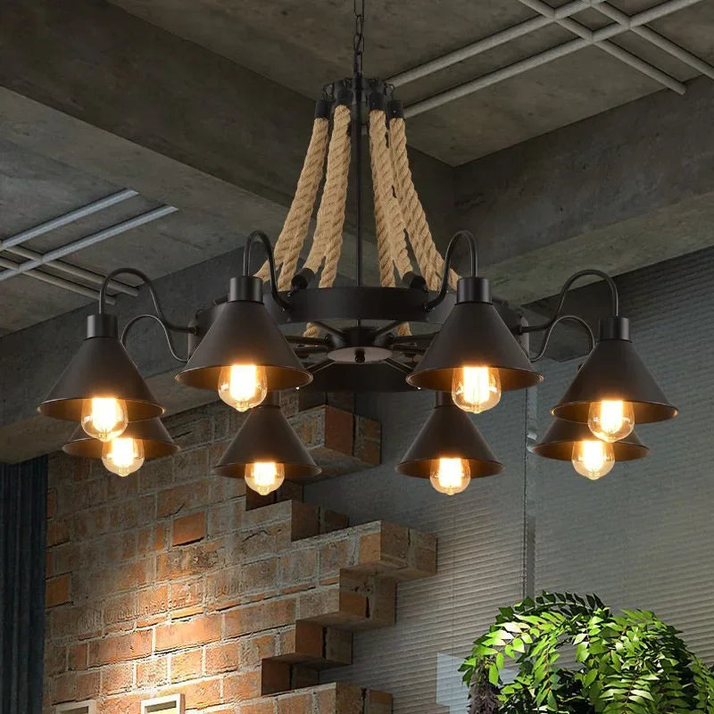 Vintage Hemp Rope Pendant Lamps Iron Lampshade Retro Coffee House Bar Indoor Lightings E27 Industrial Style Chain Pendant Light - vue 3 sur 12