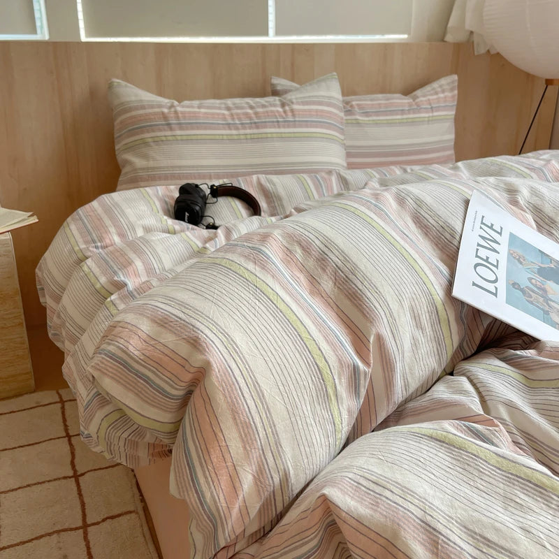 housse de couette rayée rose en coton pour chambre fille