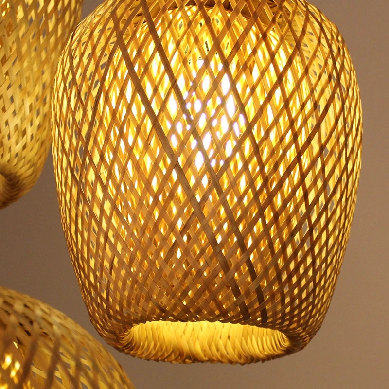 Suspension en bambou tissé à la main rétro salle à manger lanterne lustre E27 jardin maison chambre luminaires décoratifs suspension - vue 5 sur 14