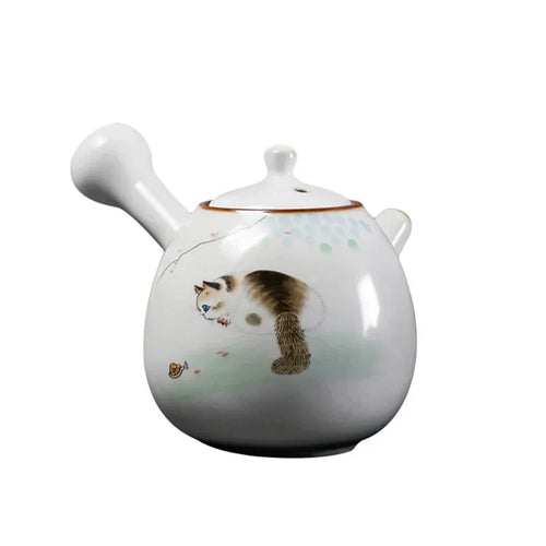 Théière ru kiln céramique motif chat poignée latérale