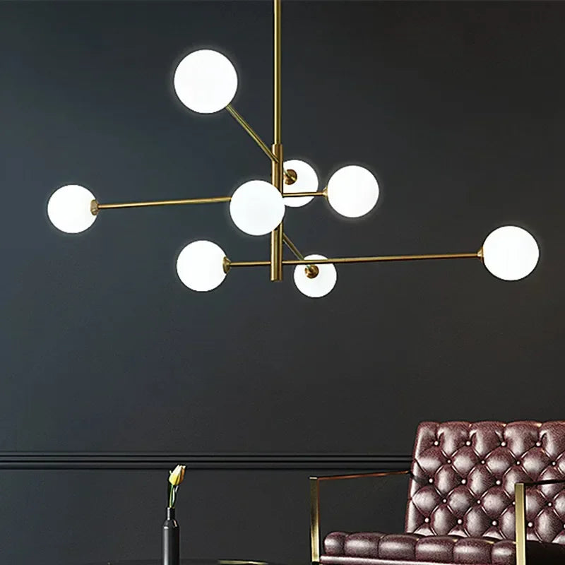 lustre led moderne en cuivre avec boule de verre mat - vue 3 sur 12