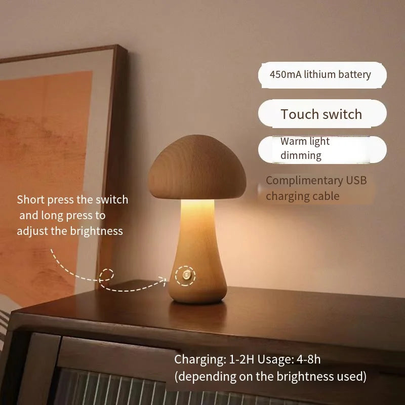 Lampe LED Veilleuse Tactile en forme de champignon en bois