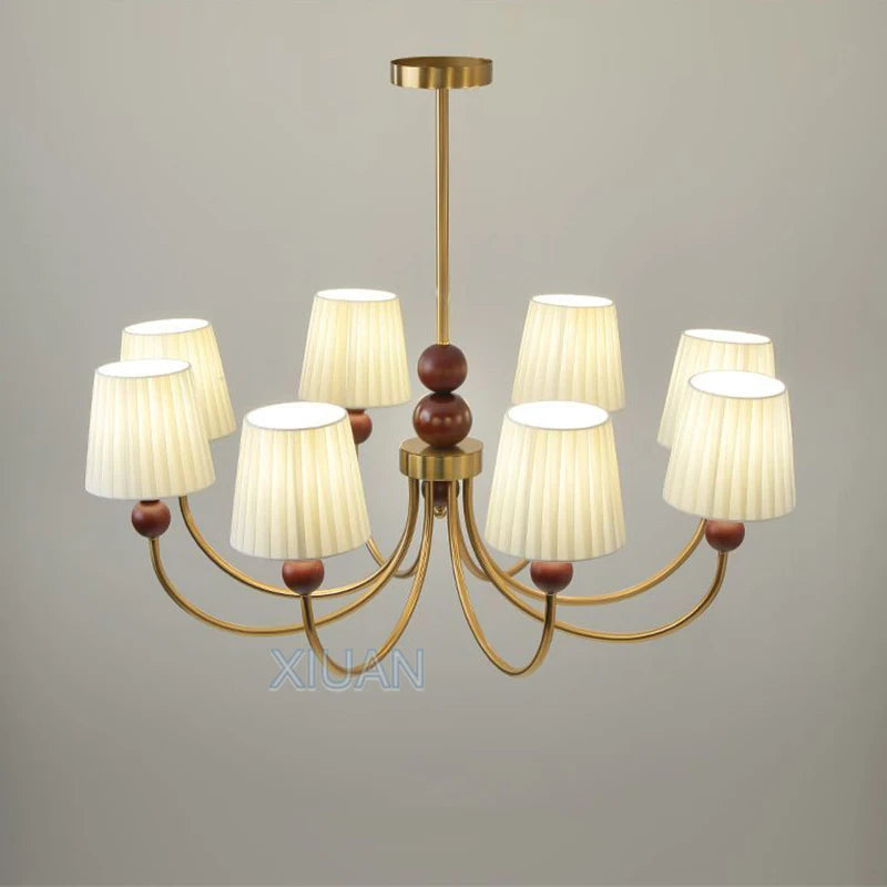 lustre led vintage américain en tissu plissé et bois wabi-sabi - vue 2 sur 12