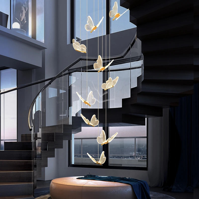 Nouveau lustre d'escalier moderne acrylique forme de papillon Duplex salon salle à manger Art LED lustre d'escalier lustre en cristal
