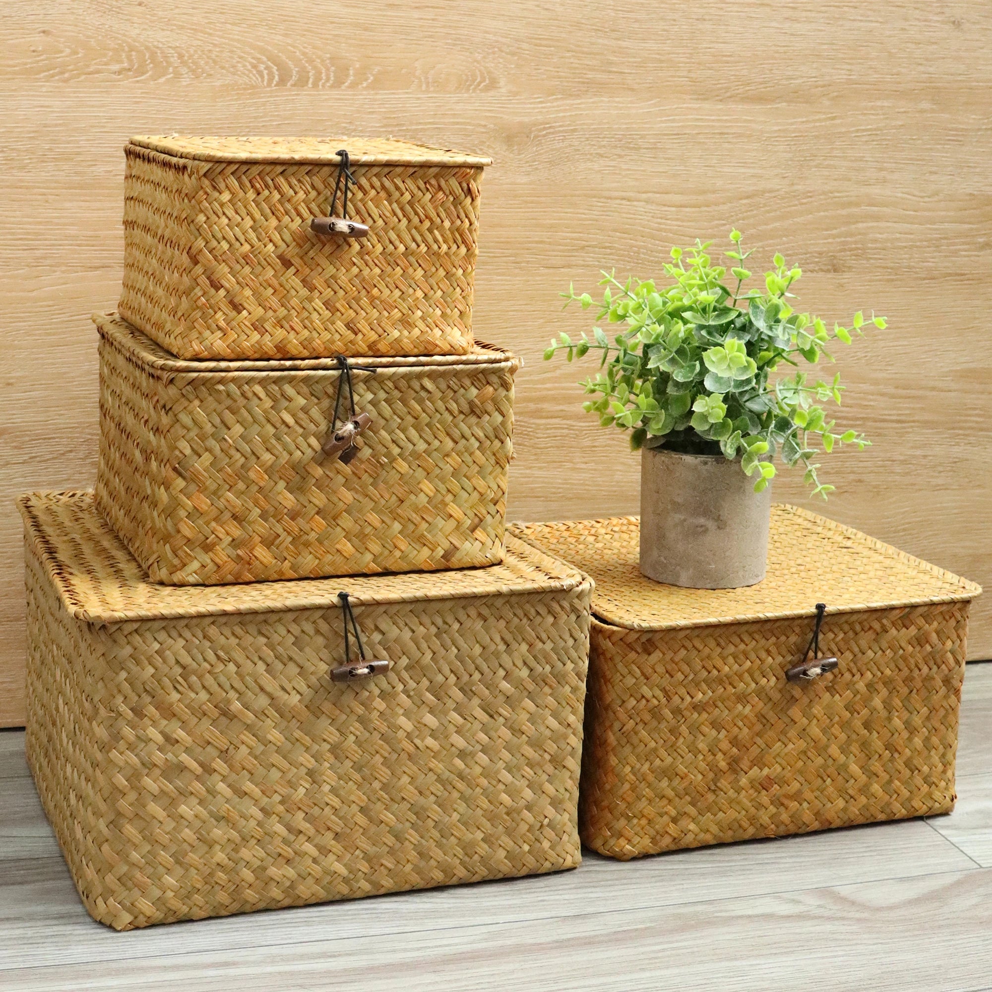 lot de 4 paniers en jonc de mer avec couvercle décoratifs et pratiques - vue 4 sur 6