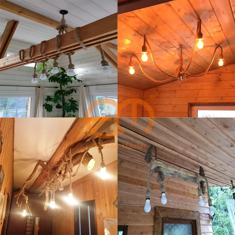 suspension rétro loft industriel en corde de chanvre avec ampoule edison - vue 7 sur 11