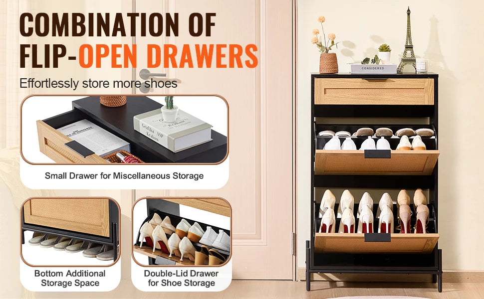 organisateur de rangement pour chaussures avec tiroirs en rotin et métal - vue 2 sur 10