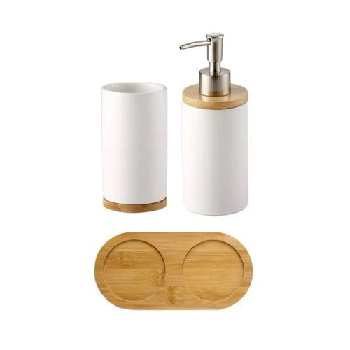 ensemble d'accessoires de salle de bain en céramique et bambou