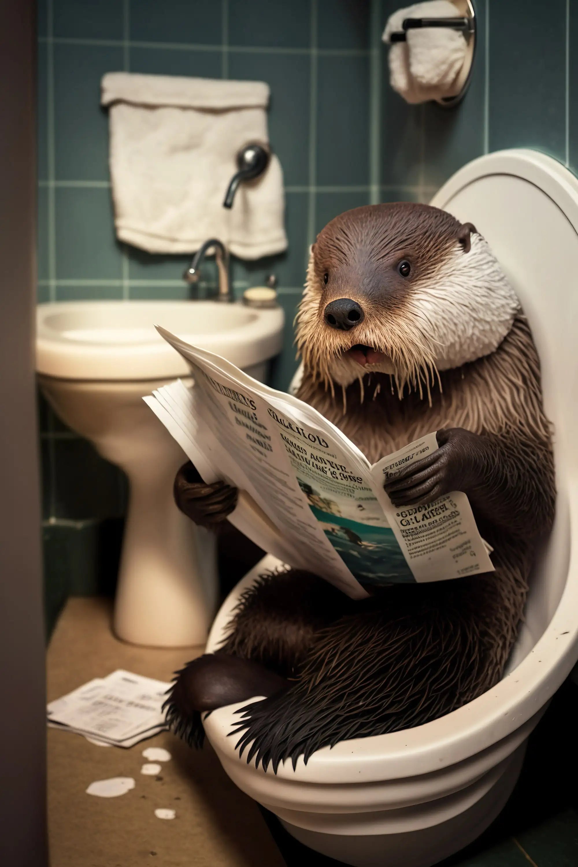 décoration murale humoristique animaux sur toilettes en toile