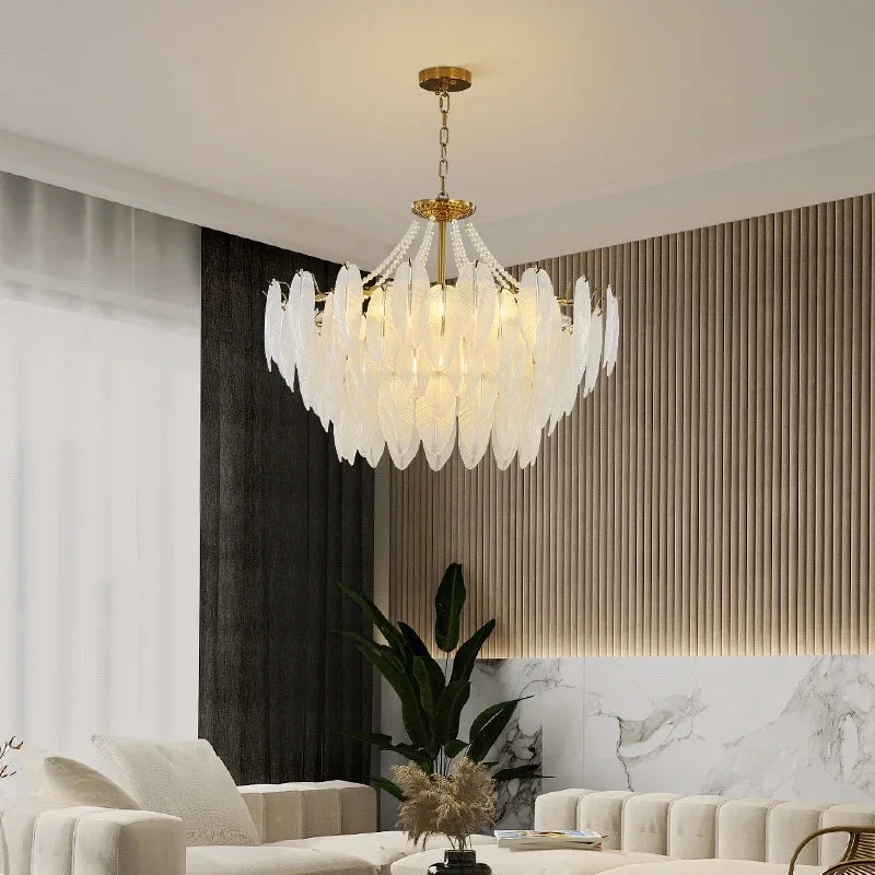 Lustre de luxe avec morceaux en cristal Vintage perle décorative plume