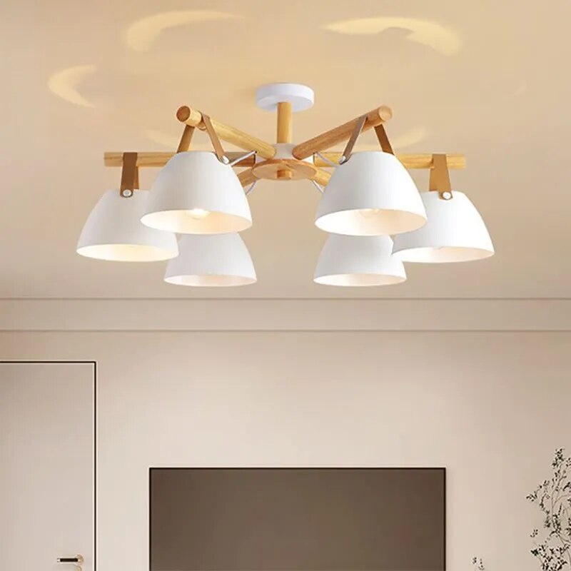 Plafonnier LED en bois avec ceinture en cuir - vue 4 sur 12