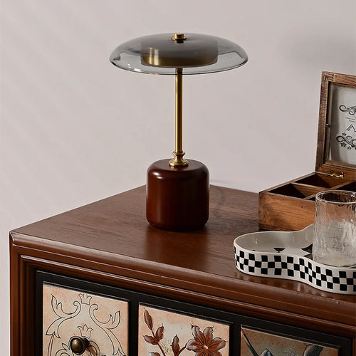 lampe à poser rétro en verre bois et cuivre design artistique - vue 6 sur 8