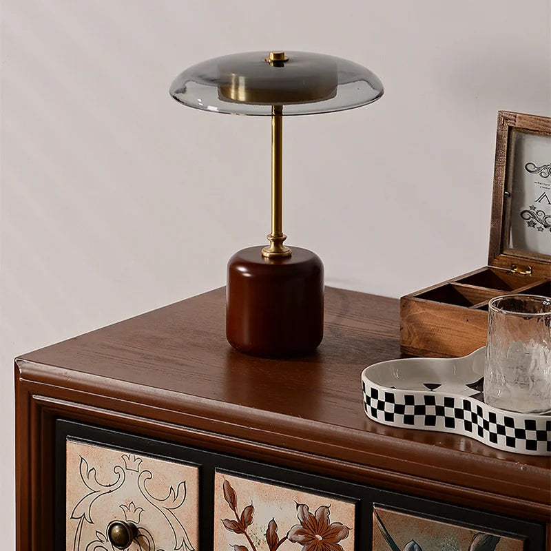 lampe à poser rétro en verre bois et cuivre design artistique - vue 5 sur 8