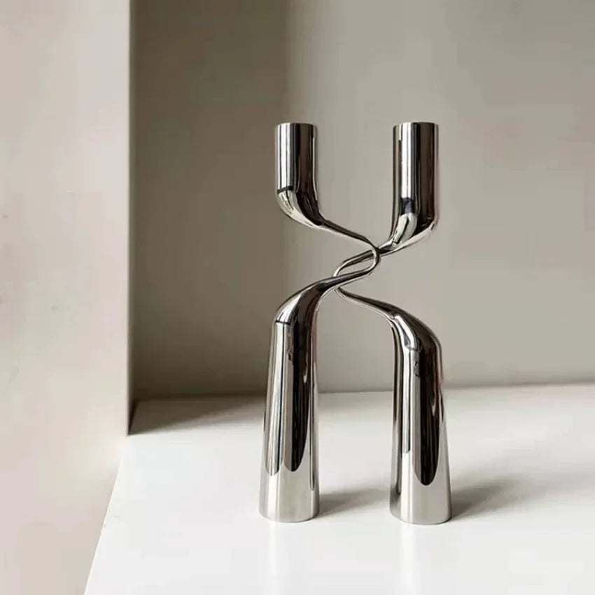 bougeoir en métal argenté candélabre de luxe double tête décoratif - vue 5 sur 9