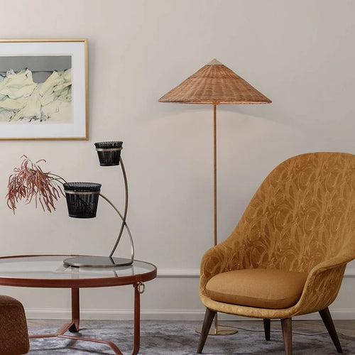 lampadaire led moderne nordique tissé à la main en bambou rotin - vue 2 sur 8