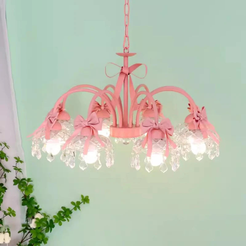 lustre mignon pour chambre de petite fille avec nœud rose en cristal - vue 3 sur 9