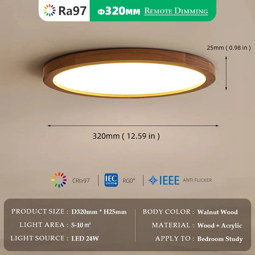 Walnut wood RA≥97, Modern Minimalism Wabi-sabi, Ultra thin eye protection Ceiling light for Living room, Bedroom, Study, Master - vue 12 sur 12