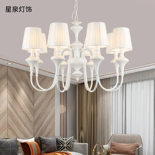 lustre moderne à trois ou six lumières en métal avec abat-jour tissu - vue 2 sur 5