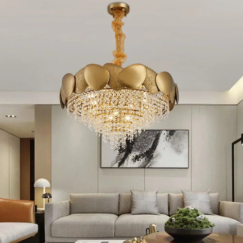 lustre moderne en cristal pampilles et acier inoxydable - vue 2 sur 16