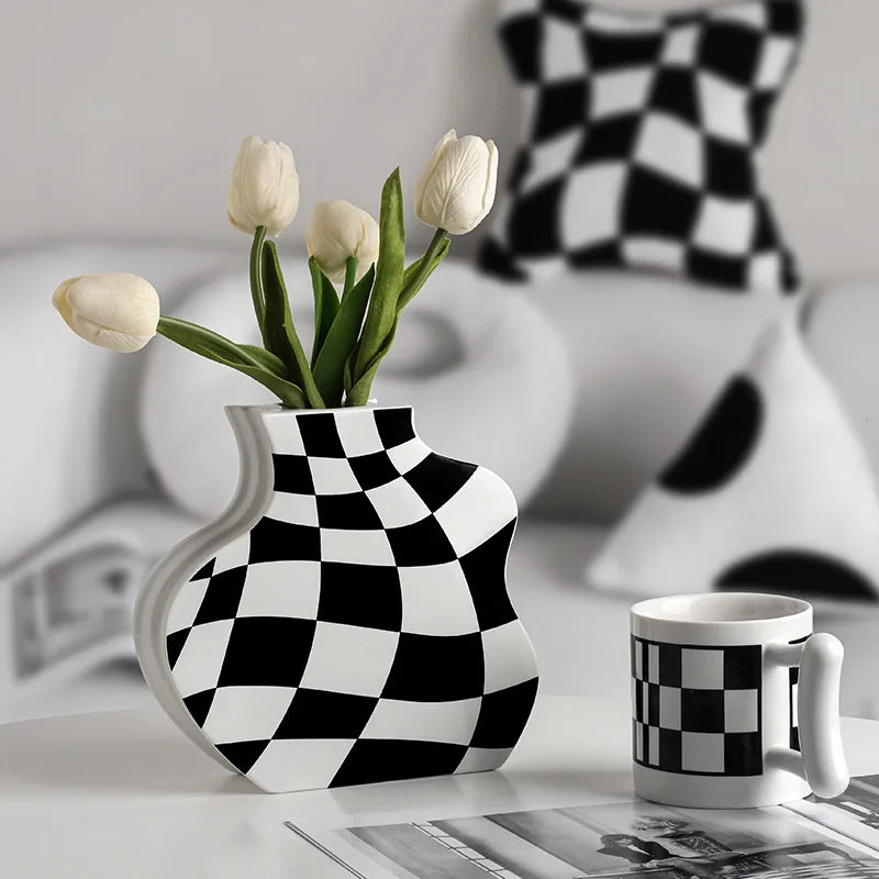 vase en céramique damier pour fleurs séchées décoration élégante - vue 4 sur 10
