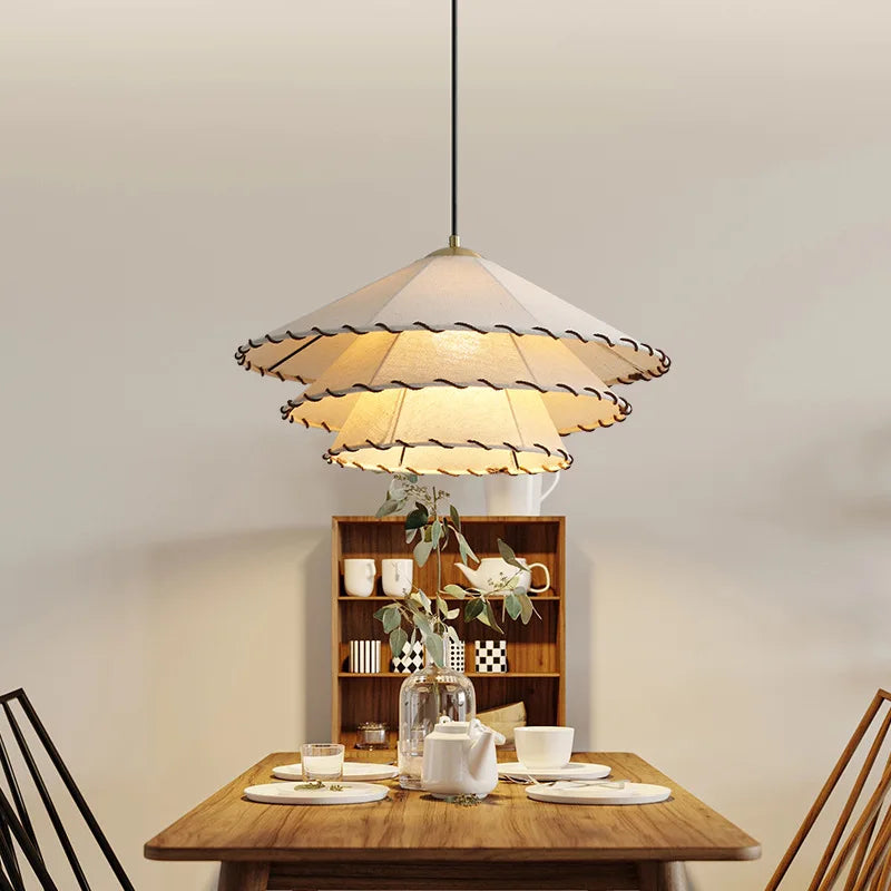 suspension Tissu nordique LED lumière Wabi Sabi pour salon décoration de la maison chambre créative coton lin chapeau