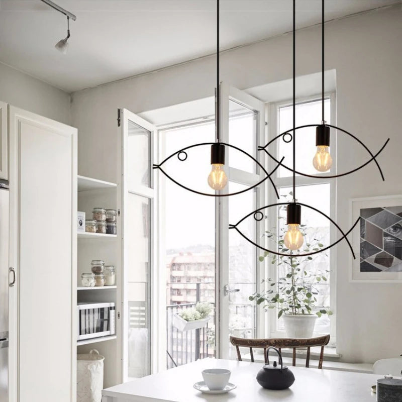 Suspension en forme de poisson cuisine moderne minimaliste géométrique lampe suspendue Style nordique luminaires pour la maison lampe en fer Vintage