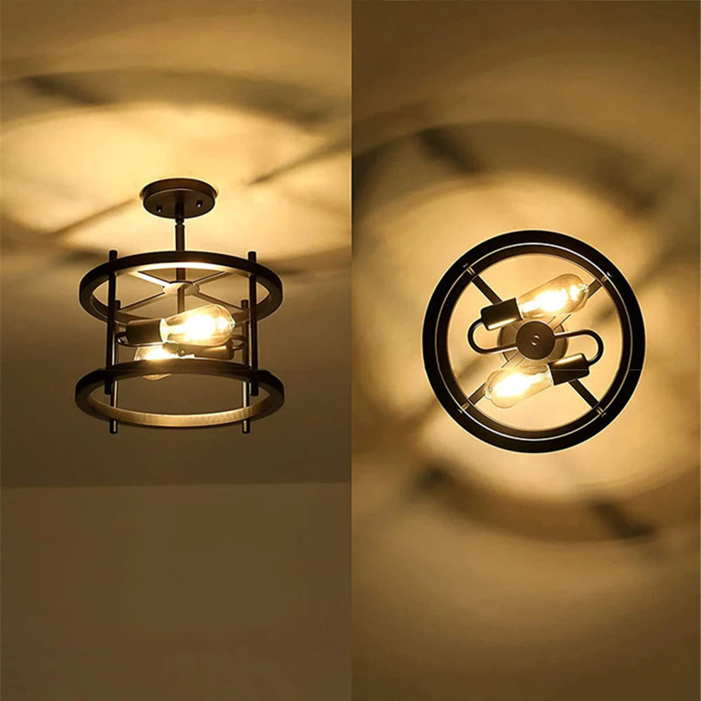 plafonnier rétro semi-encastré 2 lumières bois vintage pour ferme industrielle - vue 5 sur 9