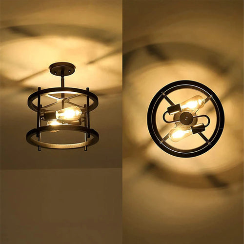 plafonnier rétro semi-encastré 2 lumières bois vintage pour ferme industrielle - vue 6 sur 9