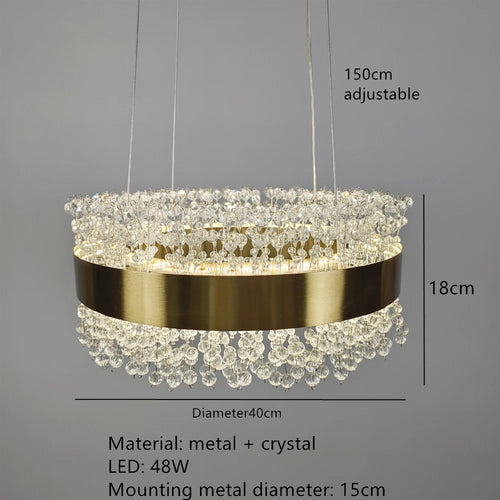 lustre moderne en cristal avec métal doré réglable