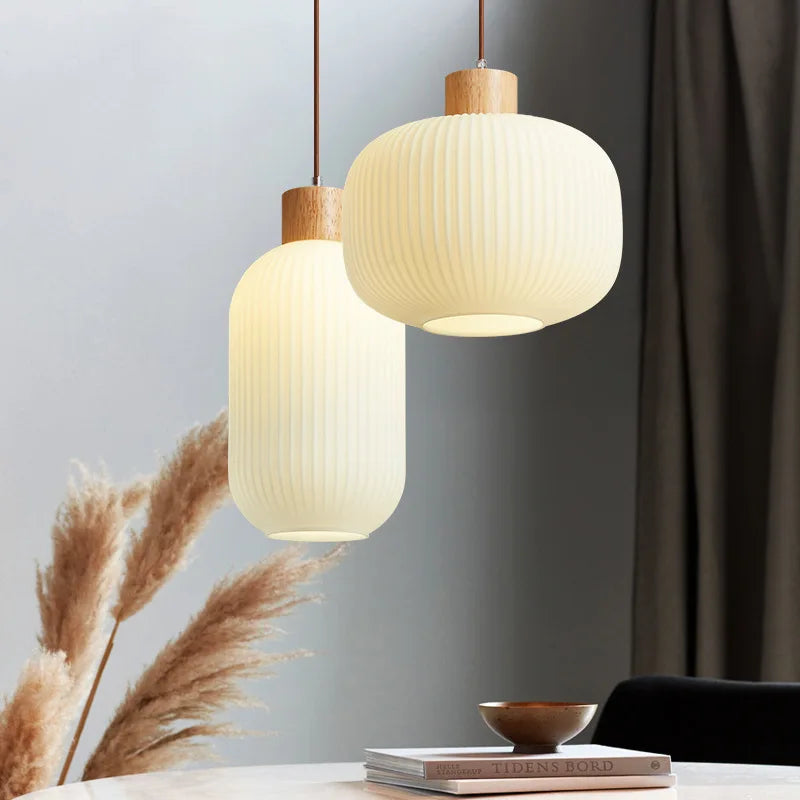 Suspension en verre blanc lampe suspendue de simplicité japonaise pour salon chambre salle à manger Loft lampe suspendue en bois