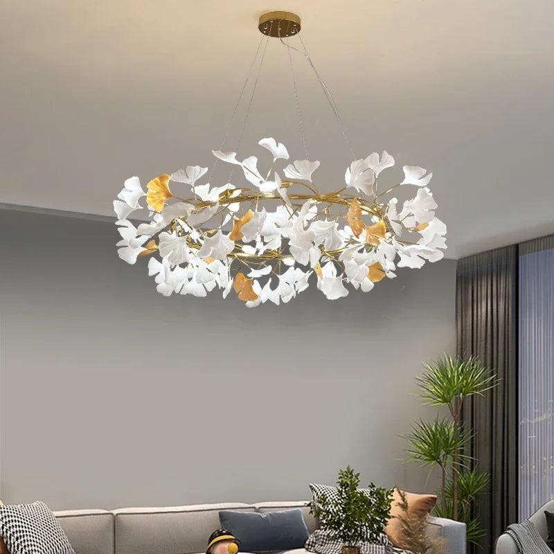 Nordique feuille de gingko LED lustre moderne cuisine salon chambre salle à manger rond intérieur loft plafond suspension