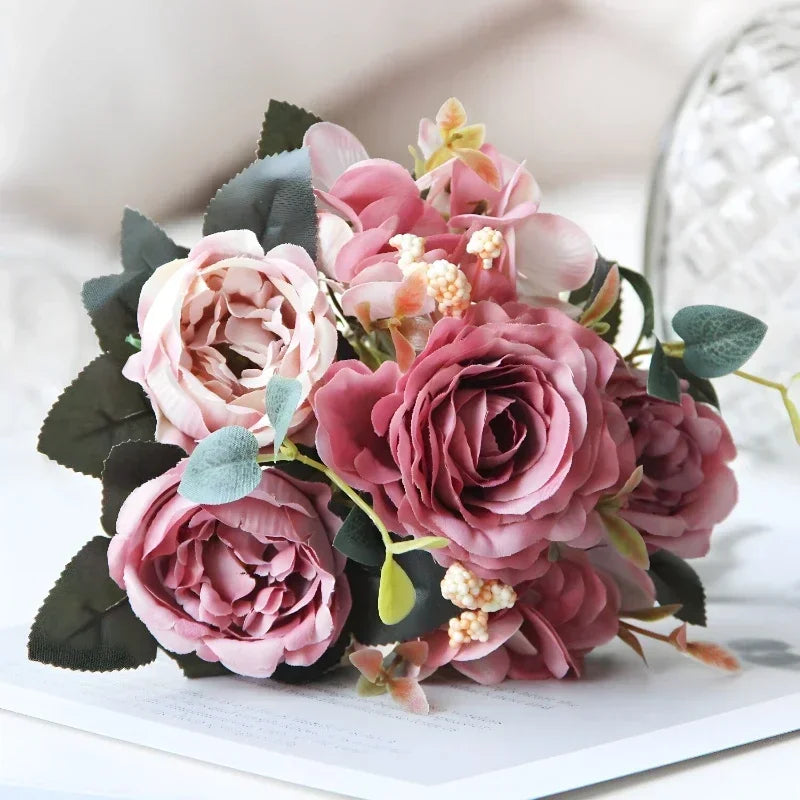 bouquet de pivoines roses en soie pour décoration intérieure
