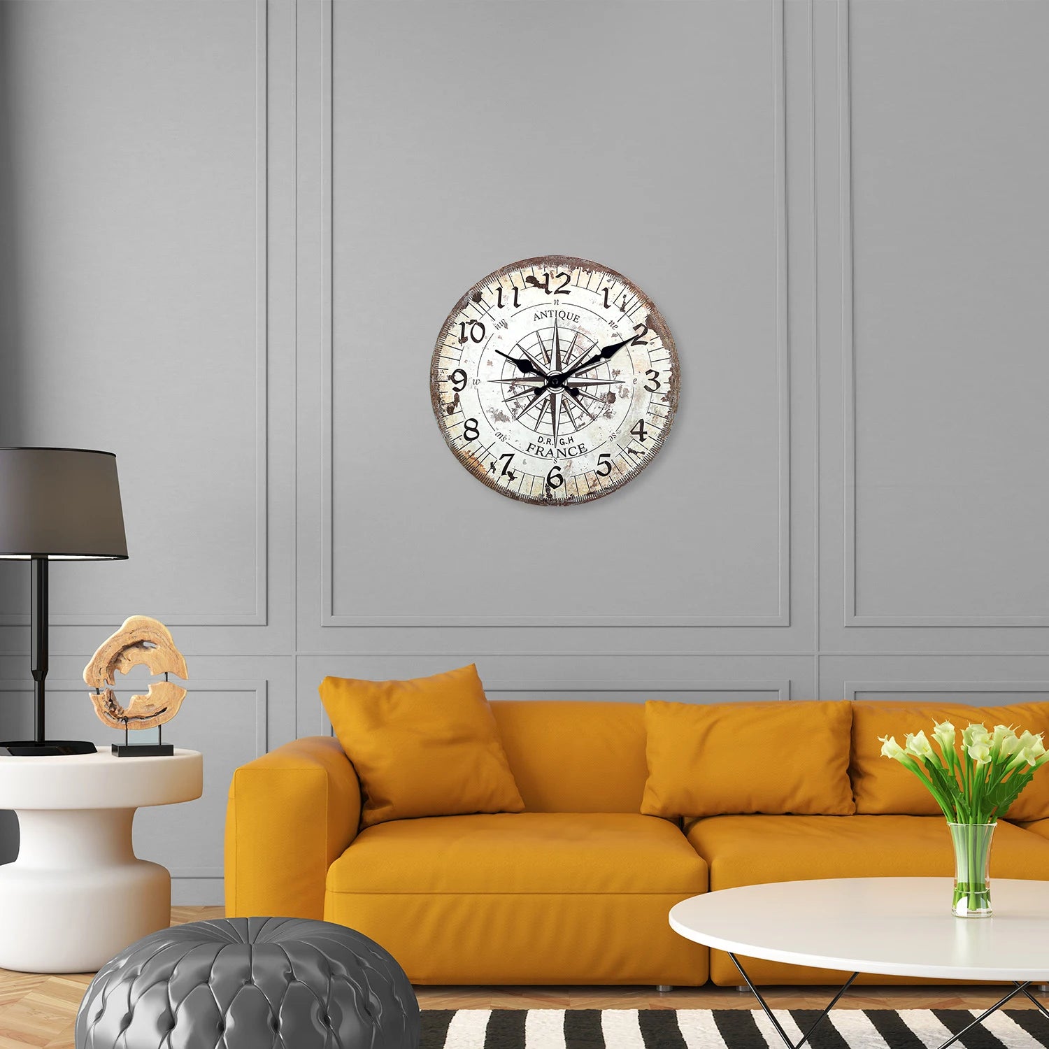 horloge murale en bois motif boussole rétro décoration silencieuse - vue 6 sur 7