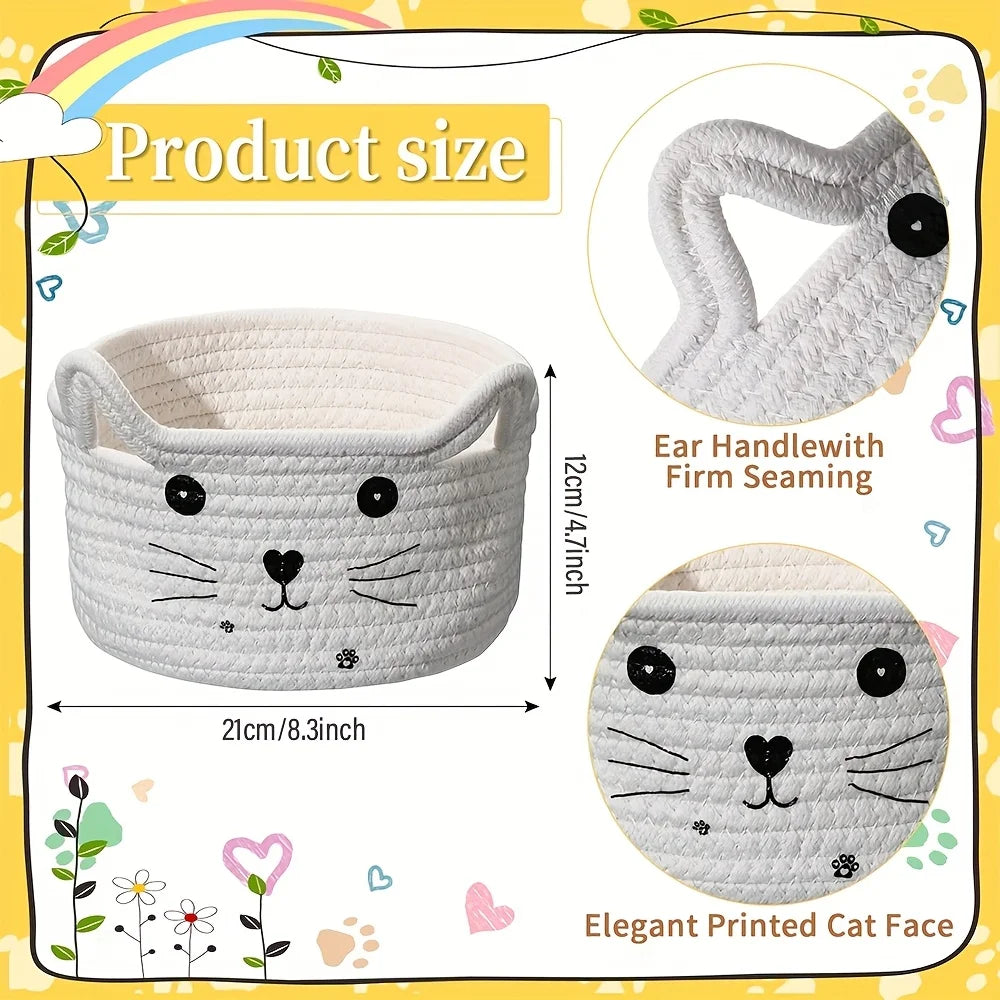 paniers de rangement en coton tissé tête de chat pour bureau et maison - vue 5 sur 11