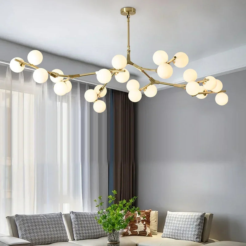 lustre moderne led avec branches d'arbre et boules de verre