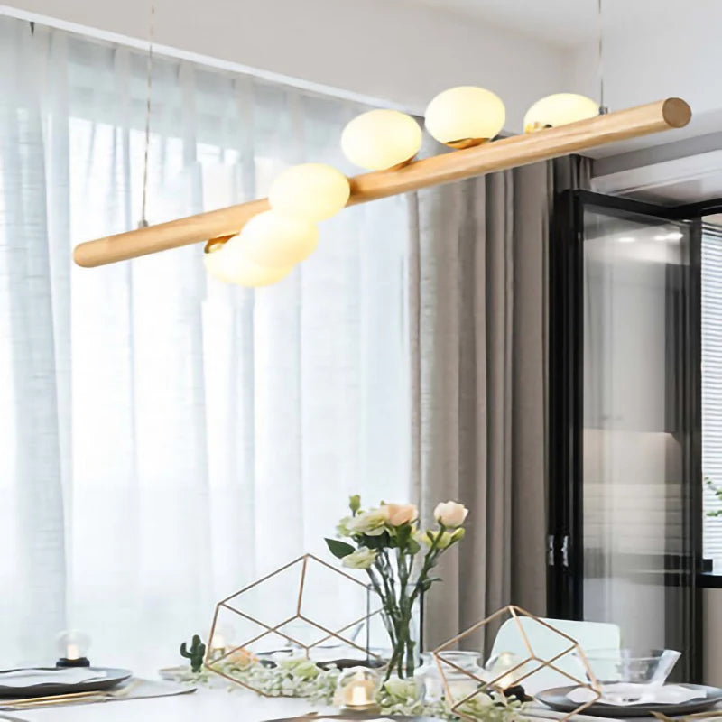 LED longue suspension en bois lumières moderne boule de verre lustre Art Design Luminaire en bois G9 suspension pour éclairage de salle à manger - vue 10 sur 10