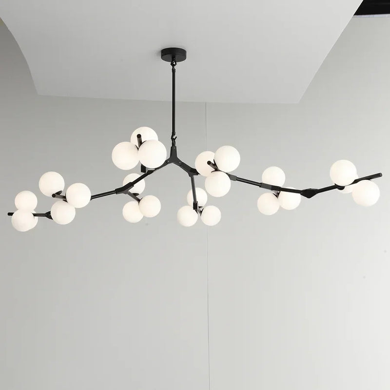 lustre moderne led avec branches d'arbre et boules de verre