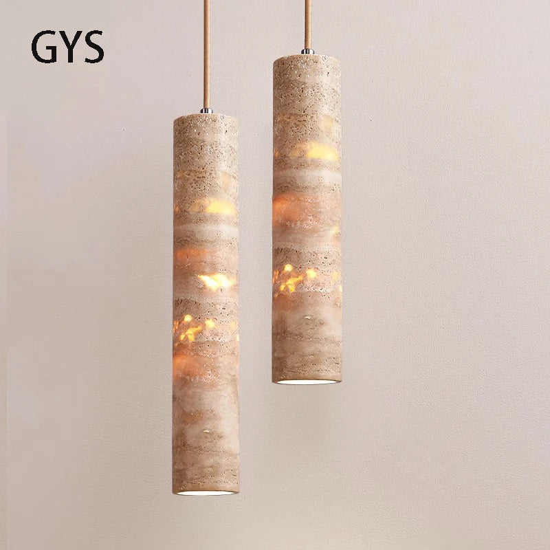 Suspension Cylindrique En Pierre Et Bois – 3W LED Lumière Chaude – Hauteur Réglable – Pour îlot, Salon, Bar, Café