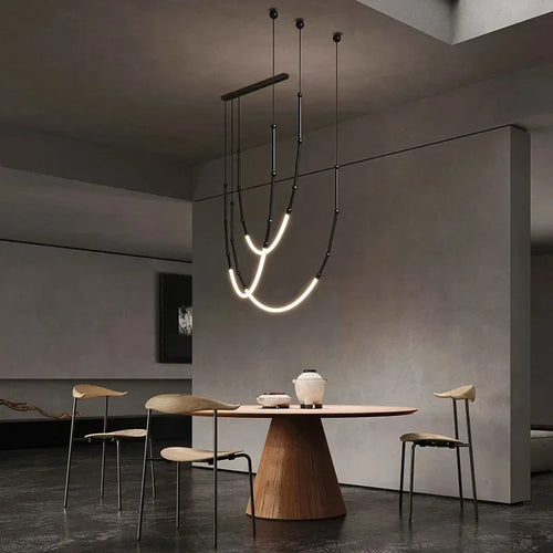 lustre moderne en bambou fer et silicone avec lumières led - vue 5 sur 17