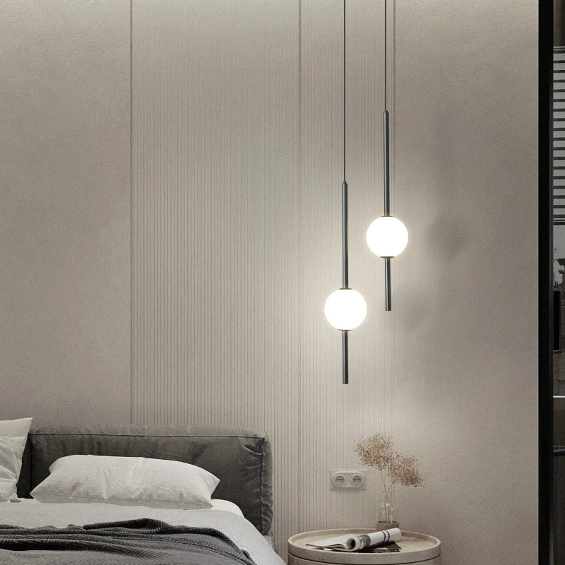 Nordique LED simple boule de verre lustre chambre chevet longue ligne lampes suspendues restaurant moderne décoration intérieure lampe lustre